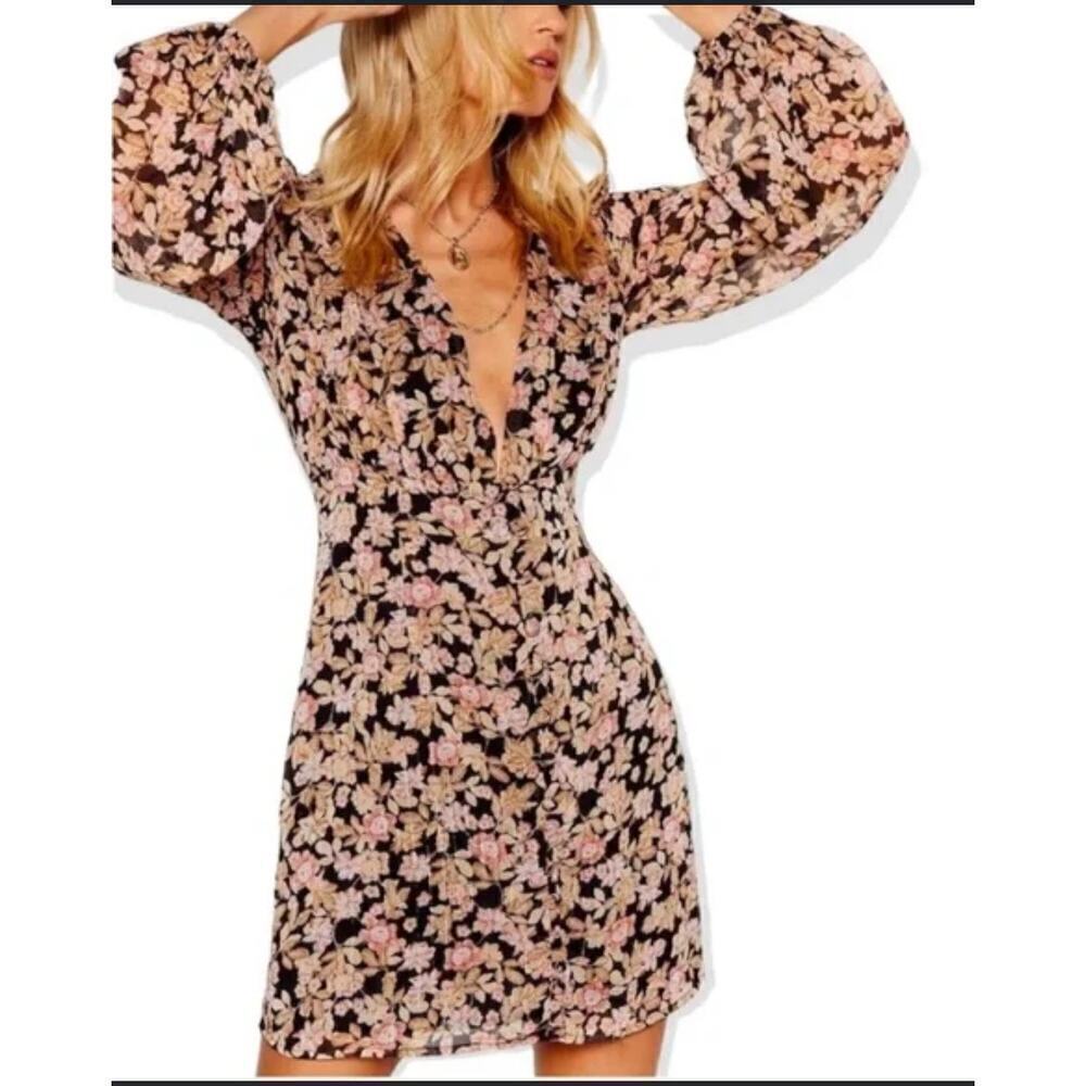 NASTY GAL BLOUSEN BROWN FLORAL LONG SLEEVE DRESS WOMENS SIZE 6